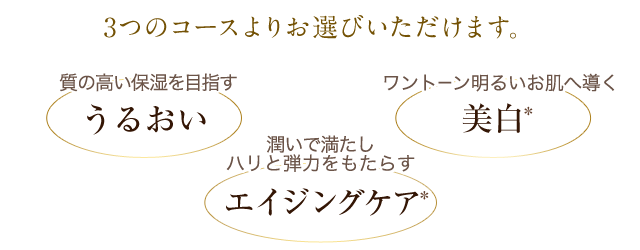 3つのコースよりお選びいただけます。 [質の高い保湿を目指す]うるおい [潤いで満たしハリと弾力をもたらす]エイジングケア  [ワントーン明るいお肌へ導く]美白